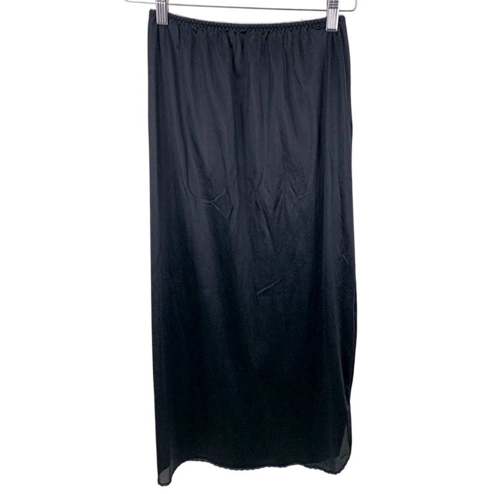 Vintage Pink Lady Small Full Length Black Nylon Slip Maxi Scalloped Edge Slit